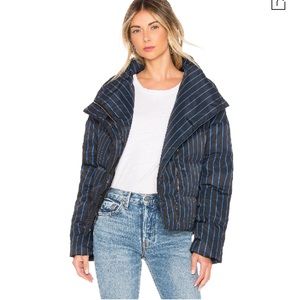 Theory Asymmetric Striped Puffer Jacket In Black Multi size m